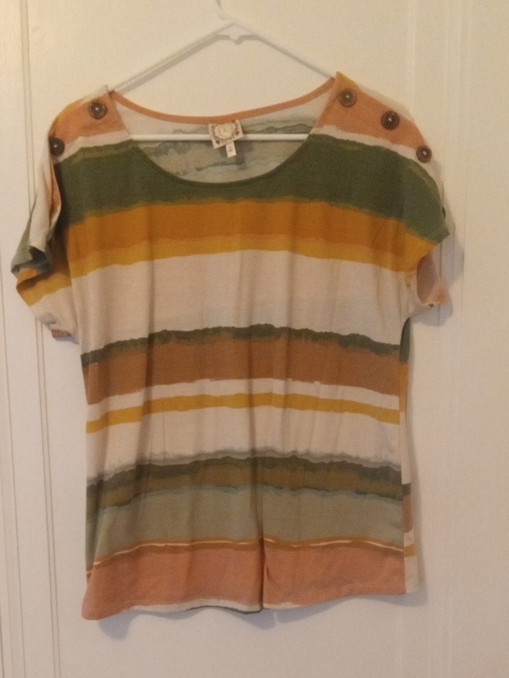 Striped Short-Sleeve Crewneck Top in Multi-Color button accents, large